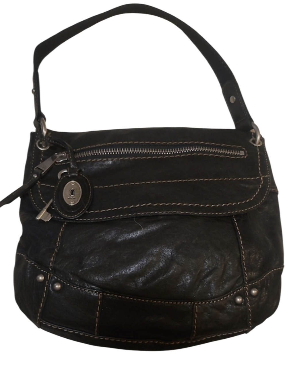 Vintage Fossil Black Leather Shoulder Bag with Key Charm And Lock. No Callouts